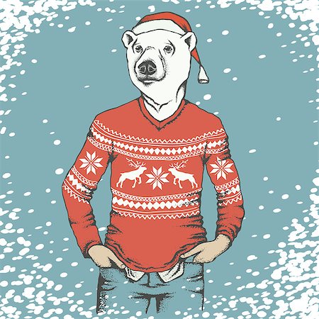 simsearch:400-09080674,k - Christmas white polar bear vector illustration. White polar bear in human sweatshirt. Christmas Polar bear in Santa hat Foto de stock - Super Valor sin royalties y Suscripción, Código: 400-08814050