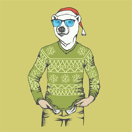 simsearch:400-09080674,k - Christmas white polar bear vector illustration. White polar bear in human sweatshirt. Christmas Polar bear in Santa hat Foto de stock - Super Valor sin royalties y Suscripción, Código: 400-08814051