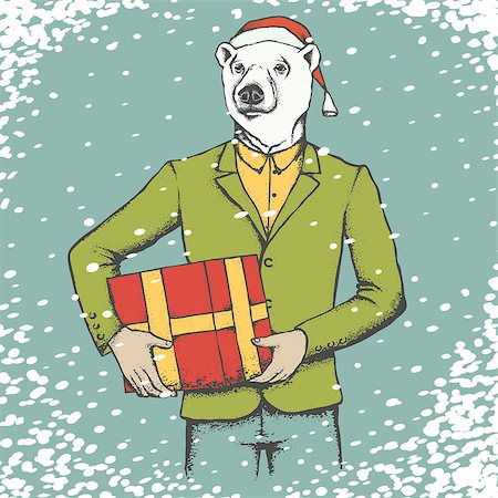 simsearch:400-09080795,k - Christmas white polar bear vector illustration. White polar bear in human suit with gift. Christmas Polar bear in Santa hat Stock Photo - Budget Royalty-Free & Subscription, Code: 400-08814052