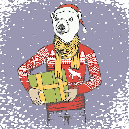 simsearch:400-09080674,k - Christmas white polar bear vector illustration. White polar bear in human sweatshirt with gift. Christmas Polar bear in Santa hat Foto de stock - Super Valor sin royalties y Suscripción, Código: 400-08814053