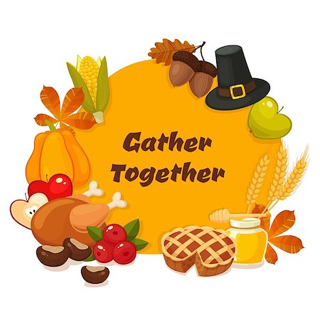 Gather together. Thanksgiving Day vector banner with traditional table plenty of food, roasted turkey, cornucopia with pumpkins, fruits and vegetables. Decoration for thanksgiving greeting cards Stock Photo - Budget Royalty-Free & Subscription, Code: 400-08814075