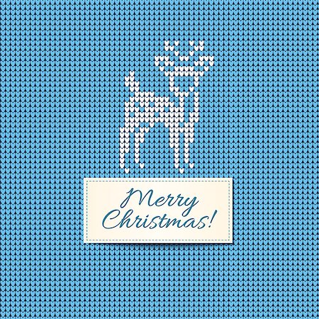 simsearch:400-05329259,k - Merry Christmas Scandinavian style knitted card. White knitted deer and Christmas text tape on blue wool background. Vector illustration Foto de stock - Royalty-Free Super Valor e Assinatura, Número: 400-08814083