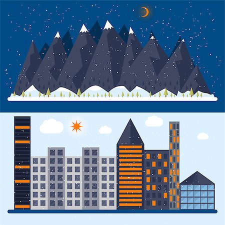 Vector illustration of a flat design with city, mountain. Stock vector Stock Photo - Budget Royalty-Free & Subscription, Code: 400-08814138