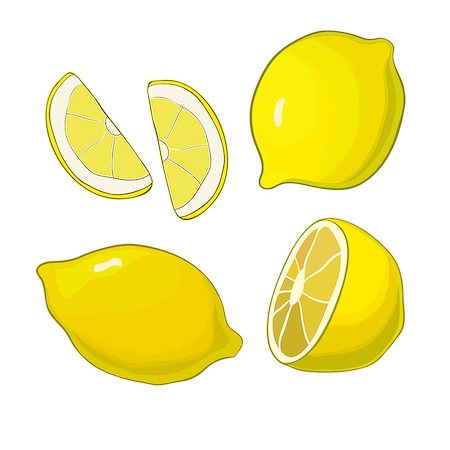 Lemons, four views. Fresh, natural lemons: whole, half, slice wedge Graphic illustrations isolated on white background Photographie de stock - Aubaine LD & Abonnement, Code: 400-08814206