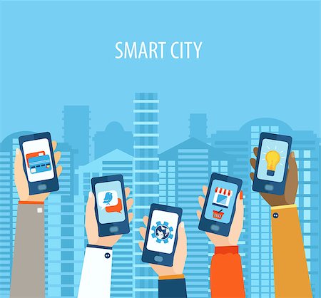 Vector illustration concept of hands holding smart-phones . Flat design modern vector illustration icons set of smart city life. Stock Photo - Budget Royalty-Free & Subscription, Code: 400-08814679