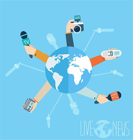 Journalism concept vector illustration in flat style.Vector live report concept, live news, hands of journalists with microphones, camera and tape recorders Stock Photo - Budget Royalty-Free & Subscription, Code: 400-08814689