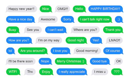 Illustration of SMS Flat Bubbles green, blue and gray used on phone and tablet with short messages examples. Stock Photo - Budget Royalty-Free & Subscription, Code: 400-08814999