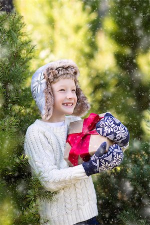 snow cosy - beautiful smiling boy in trapper hat, sweater and mittens holding nicely wrapped christmas gift by the tree or in the forest enjoying snowy cold winter weather, holiday or happiness concept Stock Photo - Budget Royalty-Free & Subscription, Code: 400-08815277