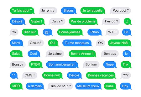 Illustration of SMS Flat Bubbles green, blue and gray used on phone and tablet with short messages examples in French. Stock Photo - Budget Royalty-Free & Subscription, Code: 400-08815331