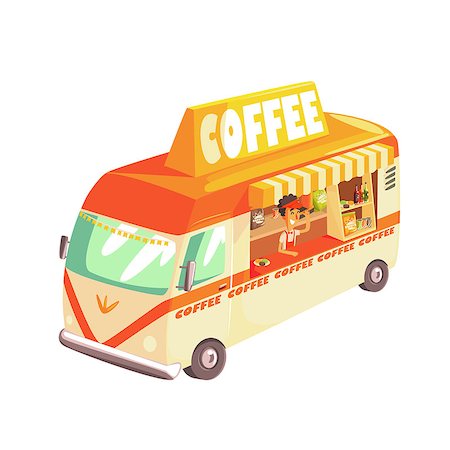 Coffee Shop Cafe In Mini Bus On Sunny Day Cool Colorful Vector Illustration In Stylized Geometric Cartoon Design Photographie de stock - Aubaine LD & Abonnement, Code: 400-08815737