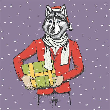fashion dog cartoon - Christmas husky vector illustration. Husky in human suit with gift. Husky in Santa hat Stock Photo - Budget Royalty-Free & Subscription, Code: 400-08816047