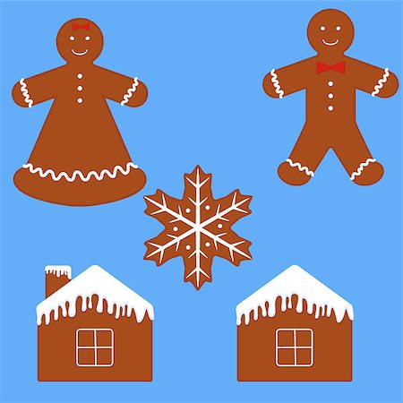 Gingerbread man cookie set. Funny cartoon gingerbread isolated on blue Stock Photo - Budget Royalty-Free & Subscription, Code: 400-08816418