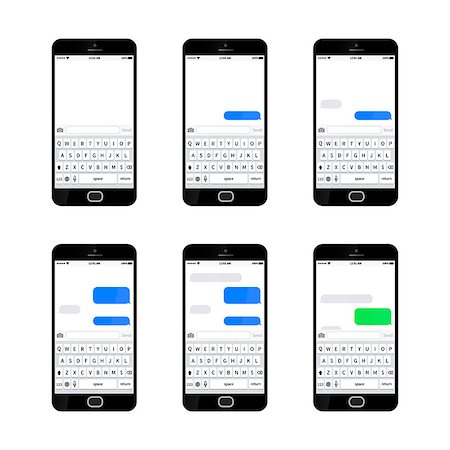 Set of six glossy smartphones with different sms texting templates, isolated on white Stockbilder - Microstock & Abonnement, Bildnummer: 400-08816524