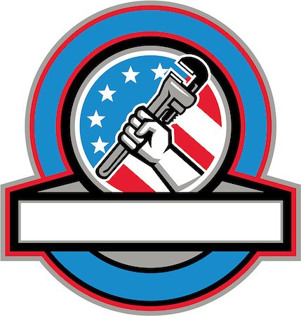person holding monkey wrench - Illustration of a plumber hand holding adjustable pipe wrench viewed from the side set inside circle with usa american stars and stripes flag in the background done in retro style. Stock Photo - Budget Royalty-Free & Subscription, Code: 400-08816878