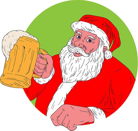 Drawing sketch style illustration of Santa Claus smiling facing front holding mug drinking beer set inside circle on isolated background. Stock Photo - Budget Royalty-Free & Subscription, Code: 400-08816880