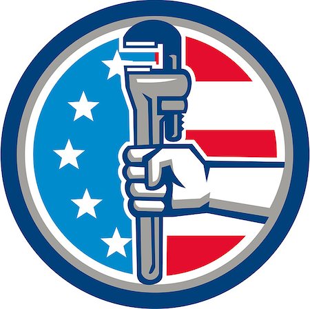 person holding monkey wrench - Illustration of a plumber hand holding adjustable pipe wrench viewed from the side set inside circle with usa american stars and stripes flag in the background done in retro style. Stock Photo - Budget Royalty-Free & Subscription, Code: 400-08816894