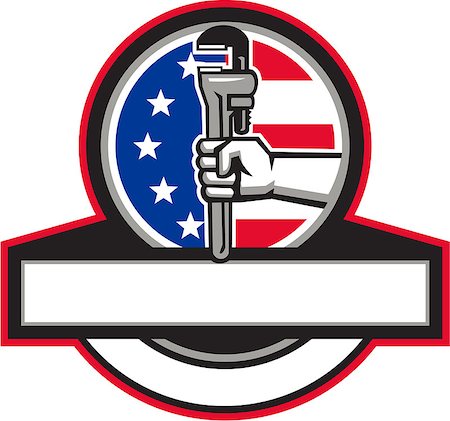 person holding monkey wrench - Illustration of a plumber hand holding adjustable pipe wrench viewed from the side set inside circle and banner with usa american stars and stripes flag in the background done in retro style. Stock Photo - Budget Royalty-Free & Subscription, Code: 400-08816895