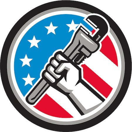 person holding monkey wrench - Illustration of a plumber hand holding adjustable pipe wrench in an angled position viewed from the side set inside circle with usa american stars and stripes flag in the background done in retro style. Stock Photo - Budget Royalty-Free & Subscription, Code: 400-08816893