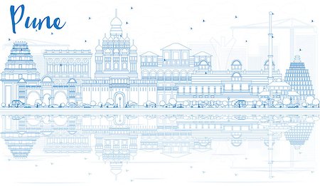 simsearch:400-08817327,k - Outline Pune Skyline with Blue Buildings and Reflections. Vector Illustration. Business Travel and Tourism Concept with Historic Architecture. Image for Presentation Banner Placard and Web Site. Photographie de stock - Aubaine LD & Abonnement, Code: 400-08817327