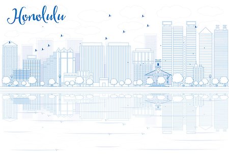 picture hawaii skyline - Outline Honolulu skyline with blue buildings and reflections. Vector illustration. Business travel and tourism concept with place for text. Image for presentation, banner, placard and web site. Stock Photo - Budget Royalty-Free & Subscription, Code: 400-08817320