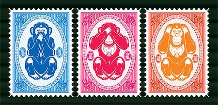 postage stamp - set of three colored vector template with three monkeys Stock Photo - Budget Royalty-Free & Subscription, Code: 400-08817372