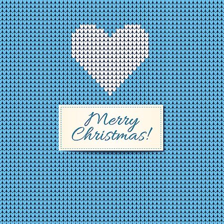 simsearch:400-05329259,k - Merry Christmas Scandinavian style knitted card. White knitted heart and Christmas text tape on blue wool background. Vector illustration Foto de stock - Royalty-Free Super Valor e Assinatura, Número: 400-08817484