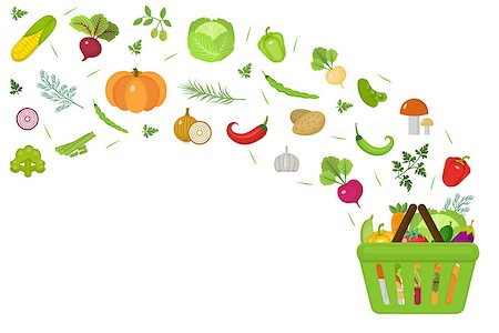 shopping in health store vitamins - Shopping basket with fresh vegetables. Flat design. Set vegetables banner with space for text, isolated on white background. Healthy lifestyle, vegan or vegetarian diet, raw foods. Vector illustration Stock Photo - Budget Royalty-Free & Subscription, Code: 400-08817488