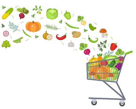 Full trolley, cart with fresh vegetables. Flat design. Set vegetables banner with space for text, isolated on white background. Healthy lifestyle, vegan, vegetarian diet, raw food. Vector illustration Stock Photo - Budget Royalty-Free & Subscription, Code: 400-08817489