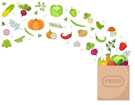 shopping in health store vitamins - Shopping paper bag with fresh vegetables. Flat design. Set vegetables banner with space for text, isolated on white background. Healthy lifestyle, vegan, vegetarian diet, raw food. Vector illustration Photographie de stock - Aubaine LD & Abonnement, Code: 400-08817491
