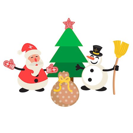 Santa Claus and Snowman cartoon vector illustration. New Year personages in front of tree and gift bag. Foto de stock - Super Valor sin royalties y Suscripción, Código: 400-08817531