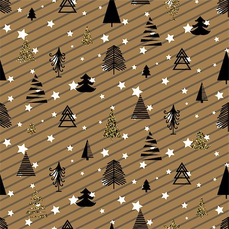 simsearch:400-08814672,k - Gold and black winter woods seamless vector pattern. Christmas star snowy background with eve and pines. Stock Photo - Budget Royalty-Free & Subscription, Code: 400-08817557