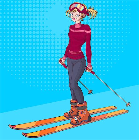 ski cartoon color - Winter holidays. Beautiful young girl on ski. Retro comic illustration Stock Photo - Budget Royalty-Free & Subscription, Code: 400-08817624