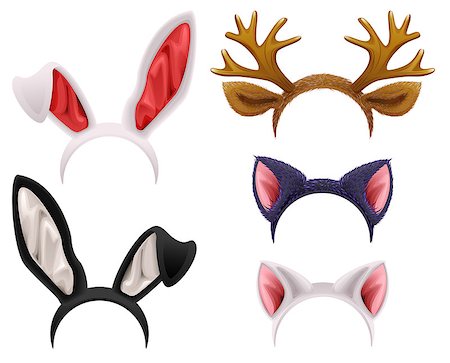 Set mask cat, rabbit, deer antler and ears. Isolated on white vector illustration Stock Photo - Budget Royalty-Free & Subscription, Code: 400-08817623
