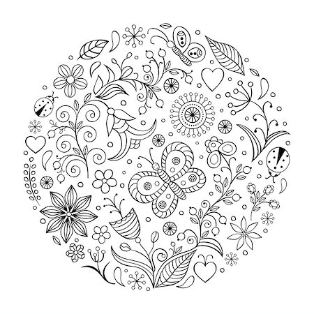 Hand drawn pattern with flowers,butterflies and other elements on white background. Coloring page for children and adult. Vector illustration. Foto de stock - Super Valor sin royalties y Suscripción, Código: 400-08817727