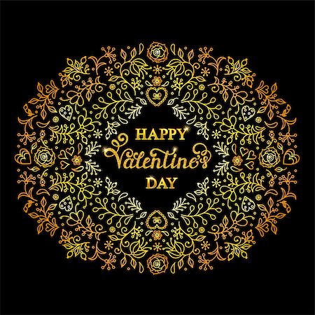 simsearch:400-08411281,k - Hand drawn golden floral frame with flowers,hearts and other elements on black background.Handwritten card template. Valentine s card.Vector illustration. Stock Photo - Budget Royalty-Free & Subscription, Code: 400-08817740