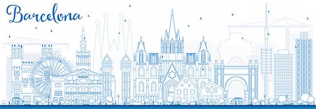 european city outline - Outline Barcelona Skyline with Blue Buildings. Vector Illustration. Business Travel and Tourism Concept with Historic Buildings. Image for Presentation Banner Placard and Web Site. Stock Photo - Budget Royalty-Free & Subscription, Code: 400-08818031