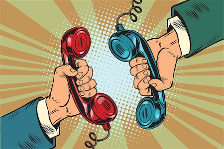 Retro a dialogue on the phone two handsets, pop art vector illustration. Connection and communication. Speaking and listening Stock Photo - Budget Royalty-Free & Subscription, Code: 400-08818331