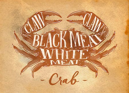 simsearch:400-07749007,k - Poster crab cutting scheme lettering claw, black meat, white meat in retro style drawing on craft paper background Foto de stock - Royalty-Free Super Valor e Assinatura, Número: 400-08818417