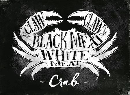 Poster crab cutting scheme lettering claw, black meat, white meat in vintage style drawing with chalk on chalkboard background Stock Photo - Budget Royalty-Free & Subscription, Code: 400-08818418