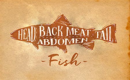 simsearch:400-07749007,k - Poster fish cutting scheme lettering head, back meat, abdomen, tail in retro style drawing on craft paper background Foto de stock - Royalty-Free Super Valor e Assinatura, Número: 400-08818425