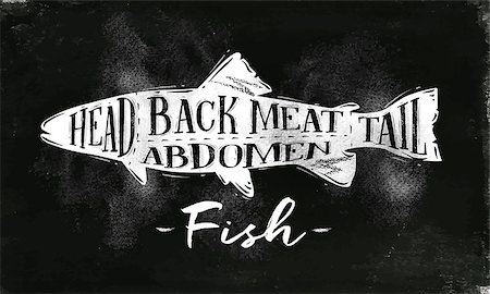 simsearch:400-07749007,k - Poster fish cutting scheme lettering head, back meat, abdomen, tail in vintage style drawing with chalk on chalkboard background Foto de stock - Royalty-Free Super Valor e Assinatura, Número: 400-08818426