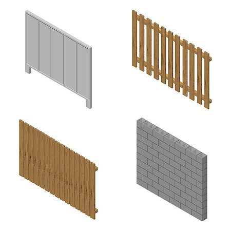 A set of isometric spans fences of various materials. Wood, concrete and cinder blocks. Isolated on white background. Elements of buildings and landscape design, vector illustration. Stock Photo - Budget Royalty-Free & Subscription, Code: 400-08818488