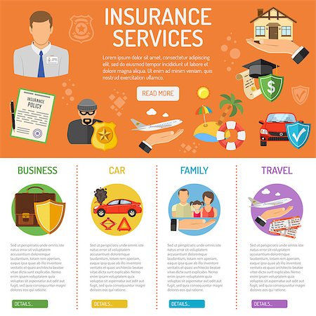 simsearch:400-08955759,k - Insurance Services concept with flat Icons Set - House, Car, Family and Travel insurance services. Vector illustration Photographie de stock - Aubaine LD & Abonnement, Code: 400-08818606