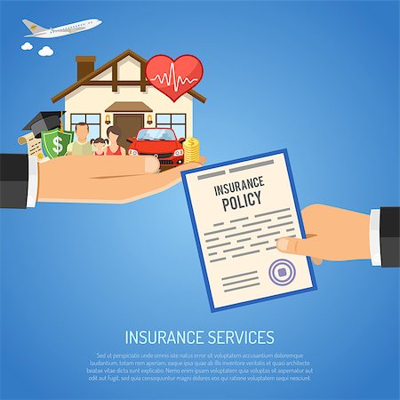 simsearch:400-08955759,k - Insurance Services Concept with Flat Icons for Poster, Web Site, Advertising like House, Car, Medical, Travel and Family insurance in Hand. vector illustration Photographie de stock - Aubaine LD & Abonnement, Code: 400-08818609