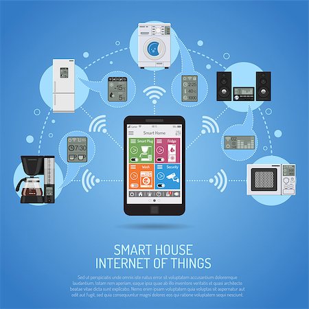 simsearch:400-08818849,k - Smart House and internet of things concept. smartphone controls smart home like smart plug, fridge coffee maker washer microwave and music center flat icons. vector illustration Foto de stock - Super Valor sin royalties y Suscripción, Código: 400-08818602