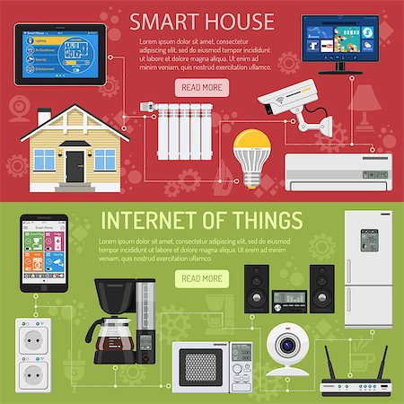 simsearch:400-08818849,k - Smart House and internet of things horizontal banners. smartphone and tablet controls smart home like smart plug, fridge coffee maker router microwave and smart tv flat icons. vector illustration Foto de stock - Super Valor sin royalties y Suscripción, Código: 400-08818610