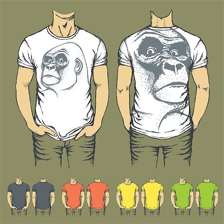 fashion illustration body templates of men - Vector t-shirts templates with prints of gorilla monkey. Top and back side of t-shirts Stock Photo - Budget Royalty-Free & Subscription, Code: 400-08818682