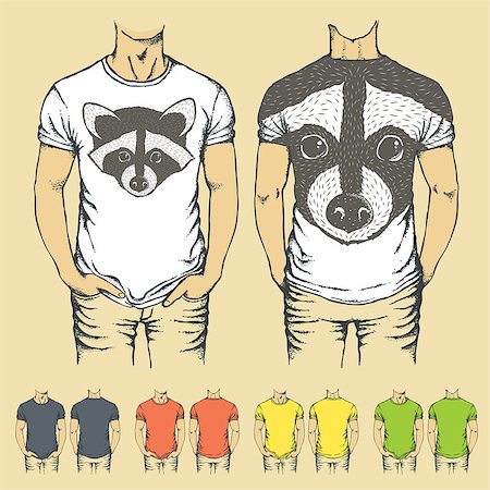fashion illustration body templates of men - Vector t-shirts templates with prints of raccoon. Top and back side of t-shirts Stock Photo - Budget Royalty-Free & Subscription, Code: 400-08818683