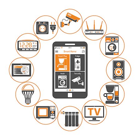 simsearch:400-08818849,k - Smart House and internet of things concept. smartphone controls smart home like microwave, loudspeaker, tv and security camera flat two color icons. isolated vector illustration Foto de stock - Super Valor sin royalties y Suscripción, Código: 400-08818848