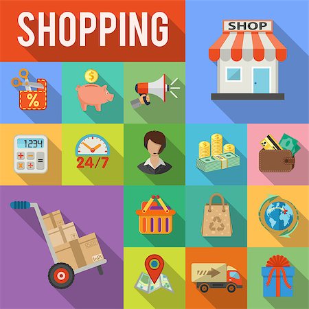 simsearch:400-08138759,k - Internet Shopping, Delivery and Cargo concept with Detailed Flat Icons shop, truck, gift symbols on colored squares with Long Shadows. Vector illustration Foto de stock - Royalty-Free Super Valor e Assinatura, Número: 400-08818857